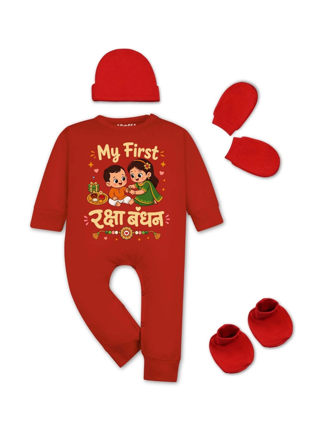 Arvesa My First Rakhi Printed Bodysuit with Cap Booties Mitten