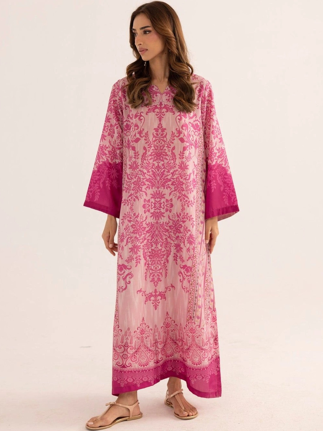 Stenfia Floral Print Flared Sleeve Pure Cotton Maxi Dress