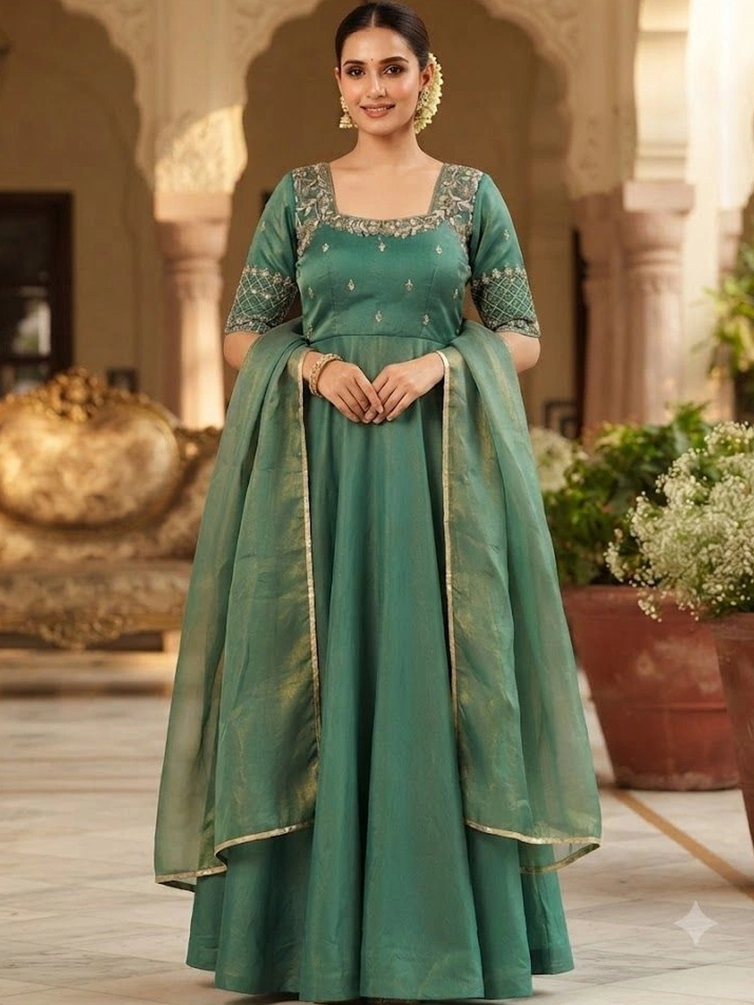 VASTRYN Embroidered Square Neck Ethnic Dress With Dupatta