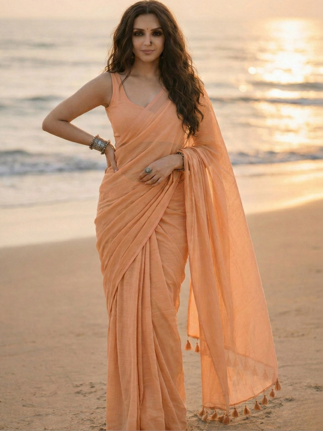 MAYIN India Women Peach Solid Plain Modal Cotton Saree