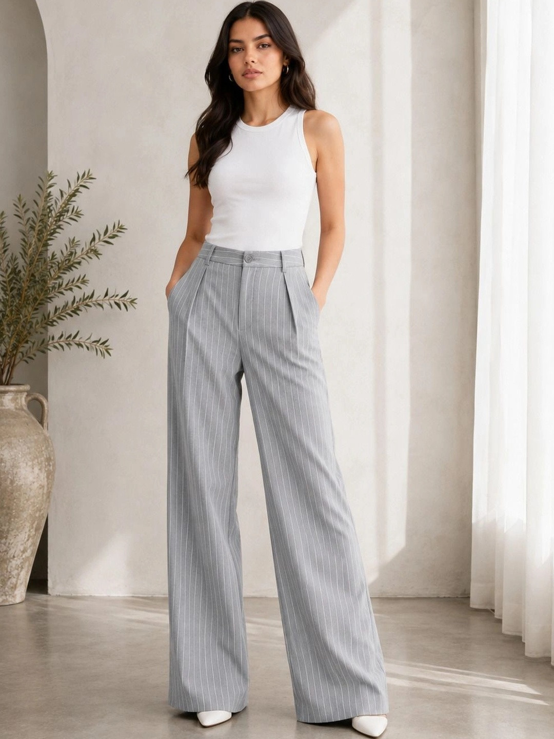 ZYVRA Women Striped High-Rise Easy Wash Trousers