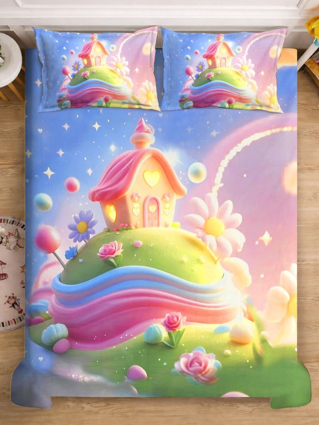 Blue Cartoon Characters 7D 400 TC Double King Superfine Bedsheet With 2 Pillow Cover
