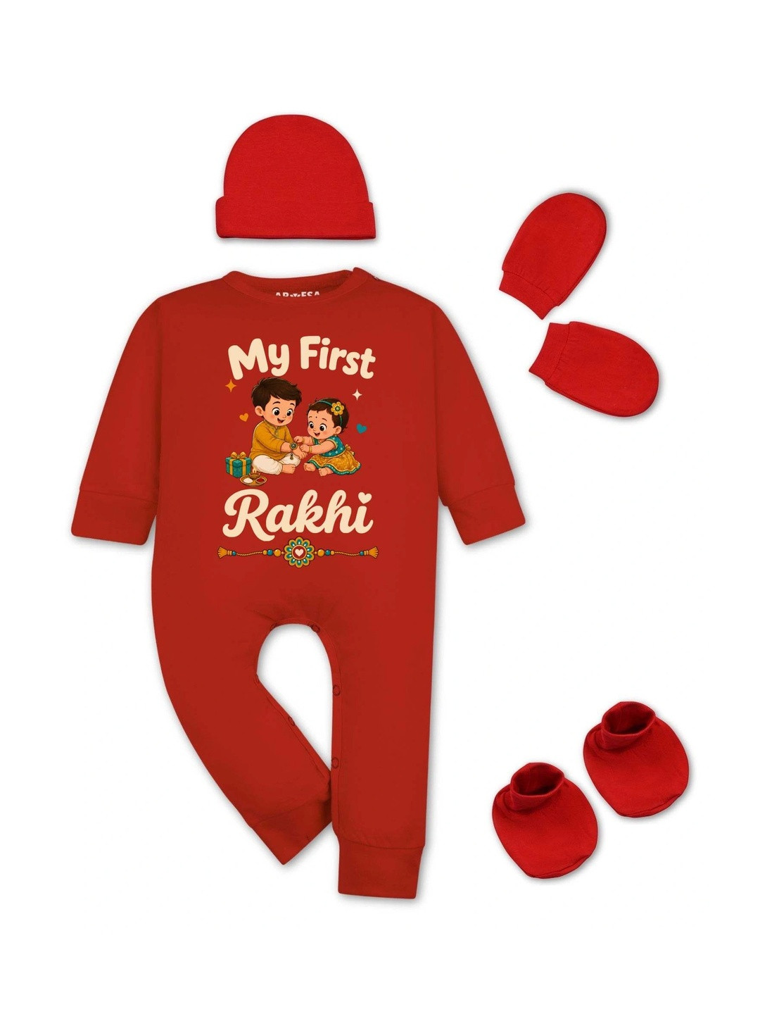 Arvesa My First Rakhi Printed Bodysuit with Cap Booties Mitten