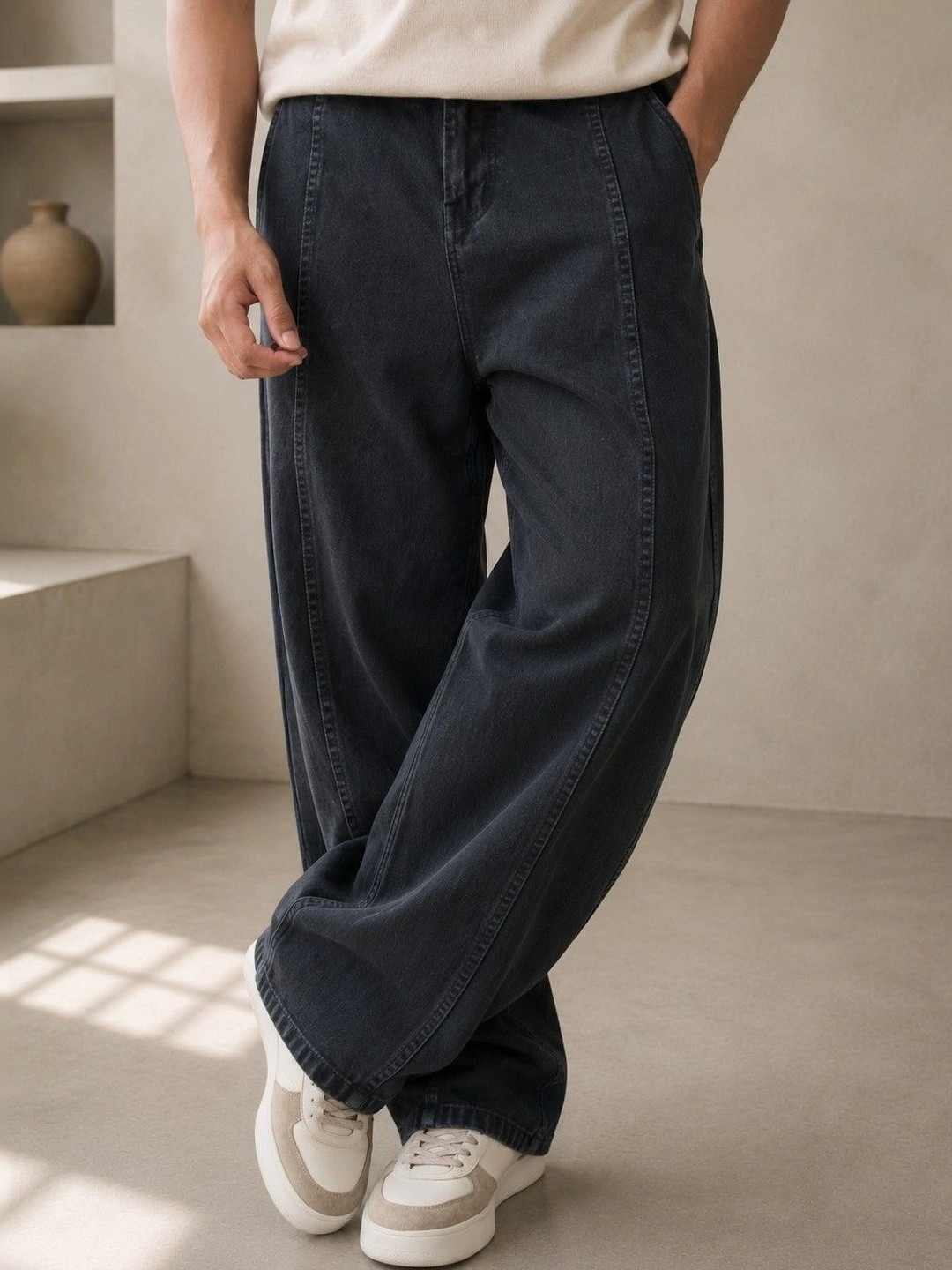 FICTION Men Black Baggy Comfort Mid-Rise Jeans