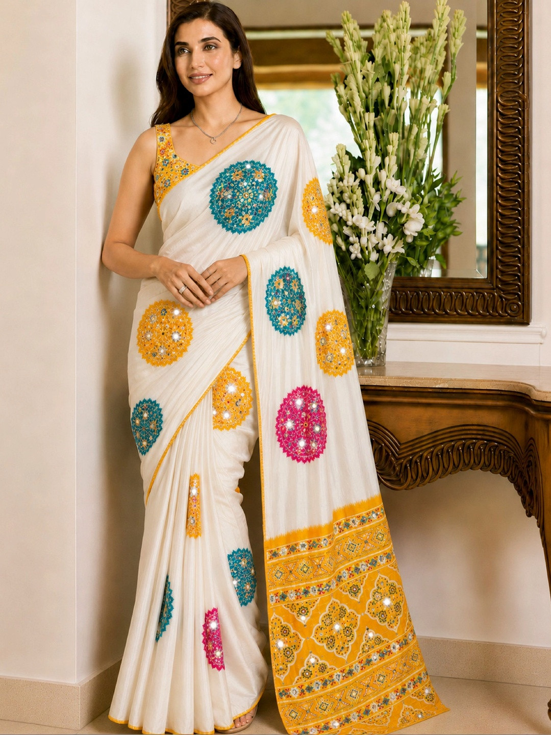 Sangria Embellished Mirror Work Poly Crepe Designer Saree