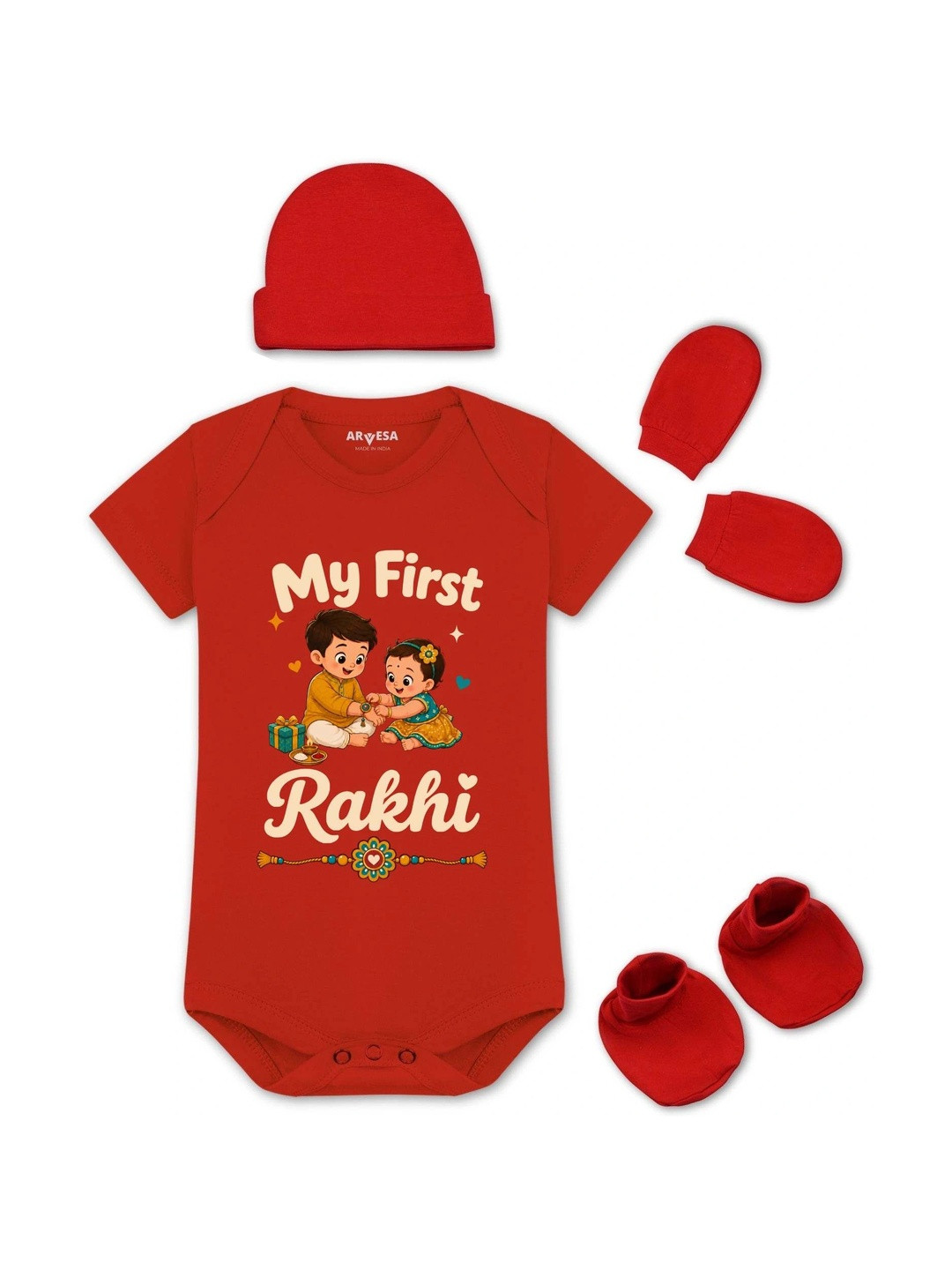 Arvesa Infants Pack Of 4 Printed Pure Cotton Baby Apparel Gift Set