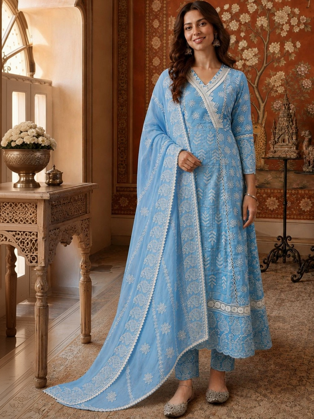 Sangria Women Embroidered Thread Work Pure Cotton Kurta with Trousers & Dupatta