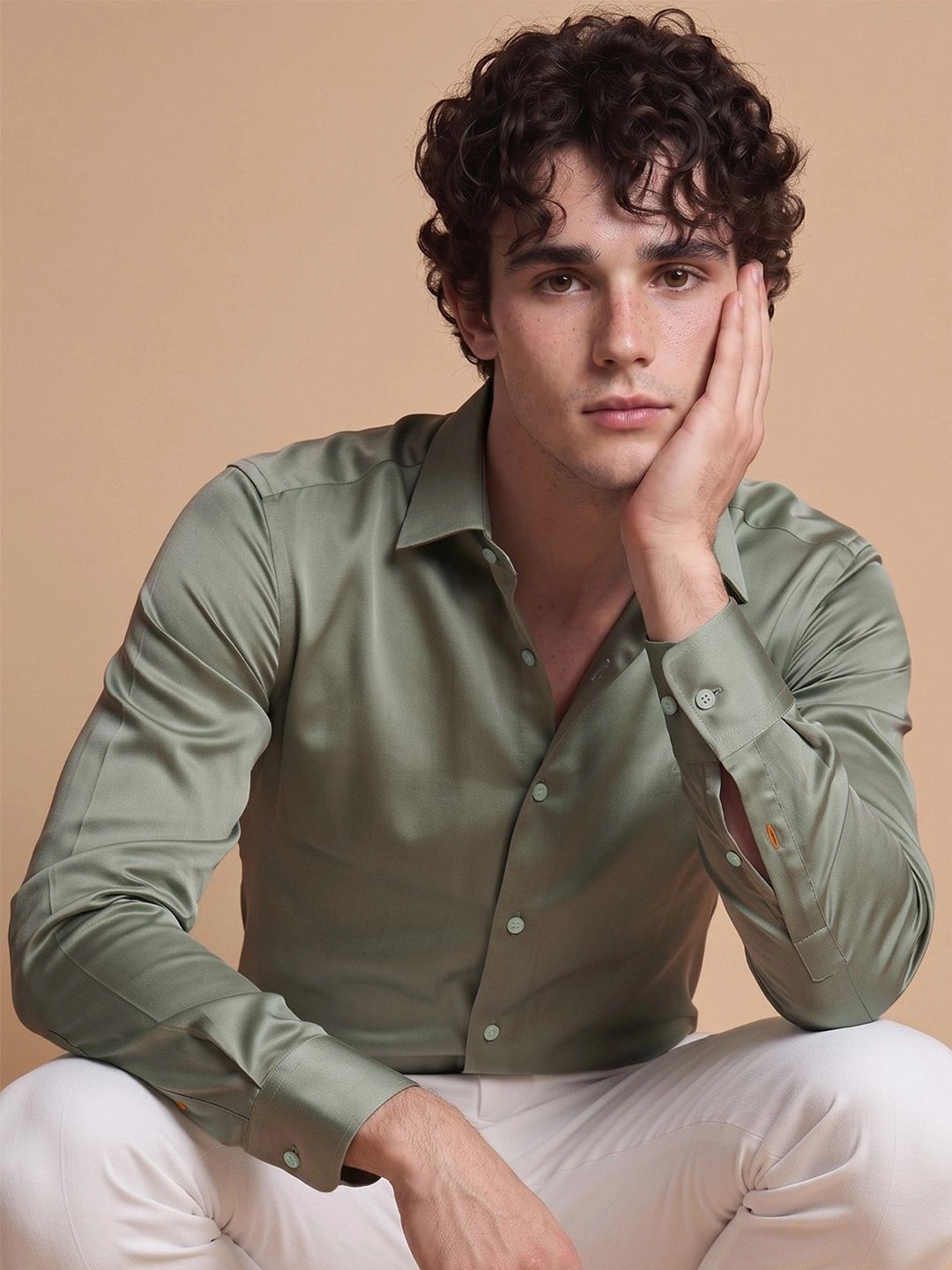 SIMON CARTER LONDON Mens Satin Stretch Green Slim Fit Shirt