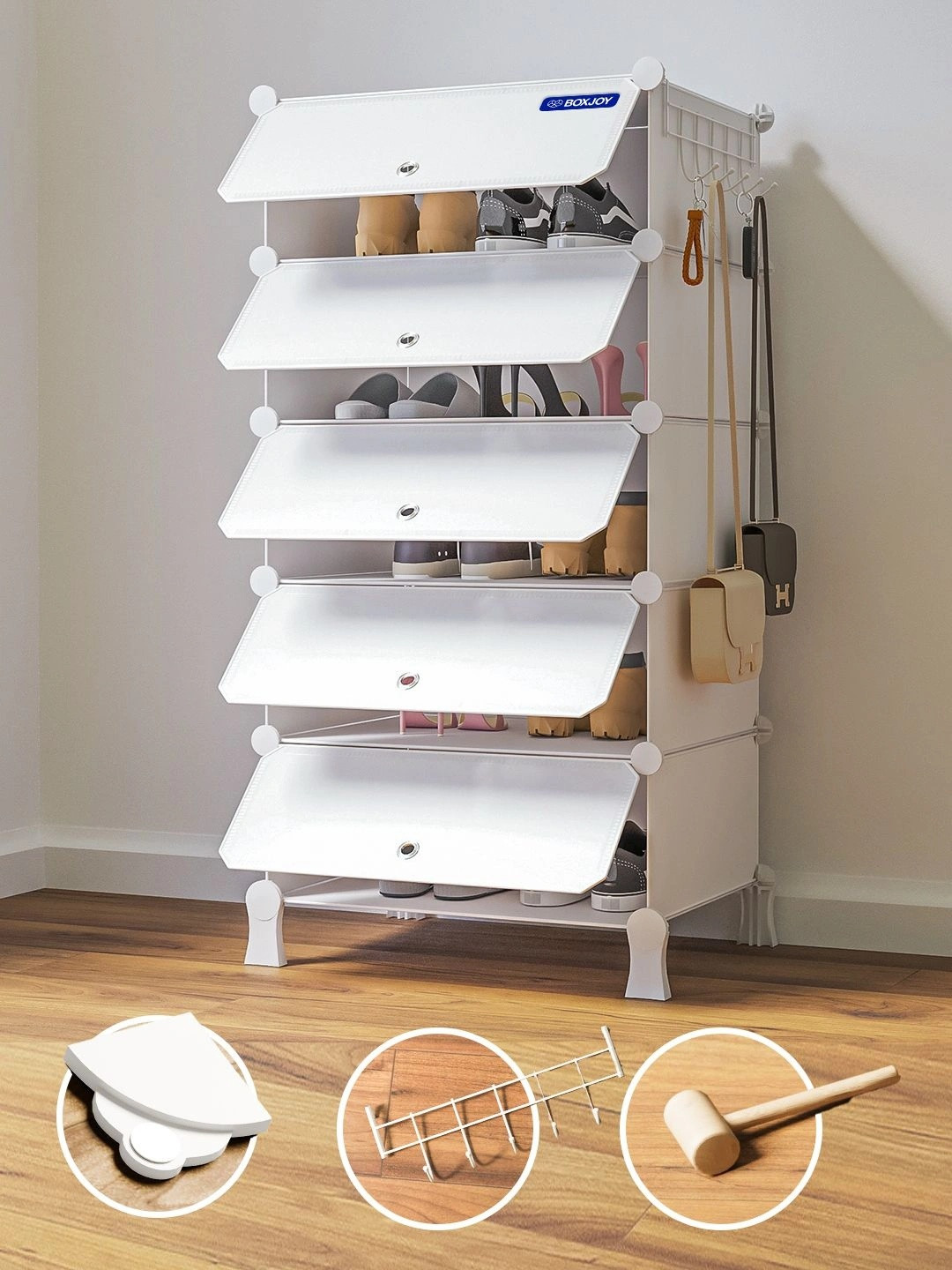 BOXJOY White Waterproof & Dustproof 5-Shelf Shoe Rack With Doors