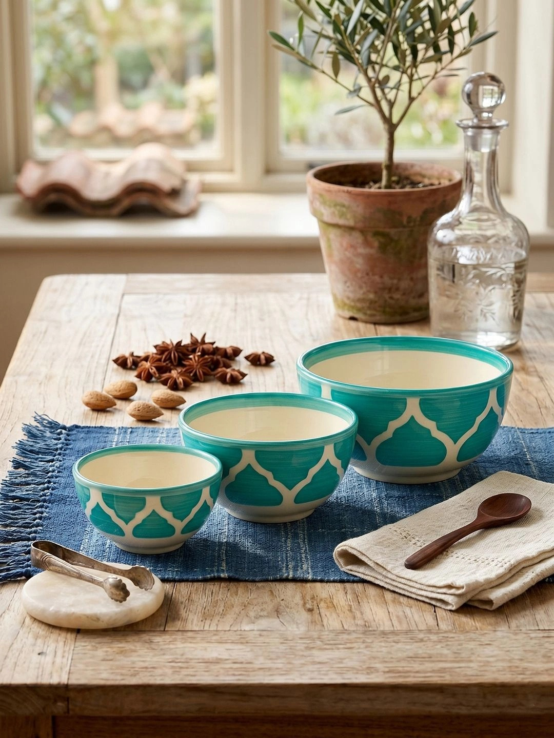 Myntra Elegant Homes Turquoise Blue 3 Pieces Ethnic Motifs Printed Ceramic Serving Bowls