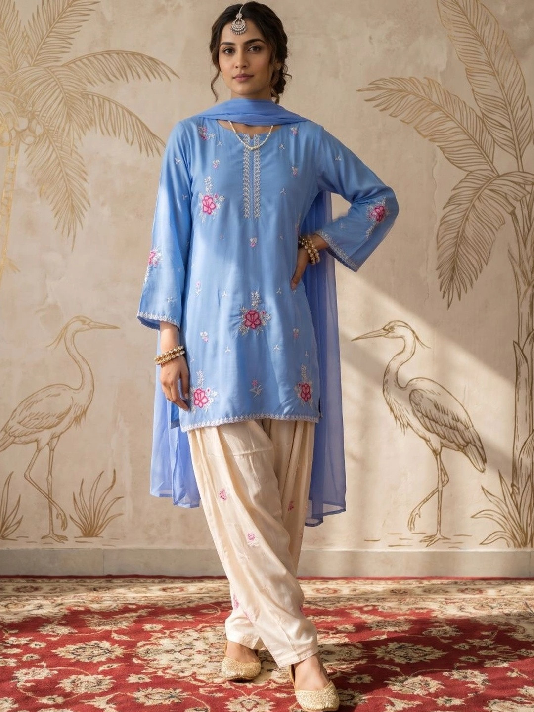 Sangria Women Ethnic Motifs Embroidered Regular Kurta with Salwar & With Dupatta