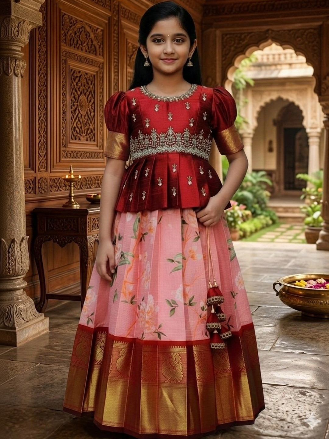 Wommaniya Impex Girls Embellished Ready to Wear Lehenga &