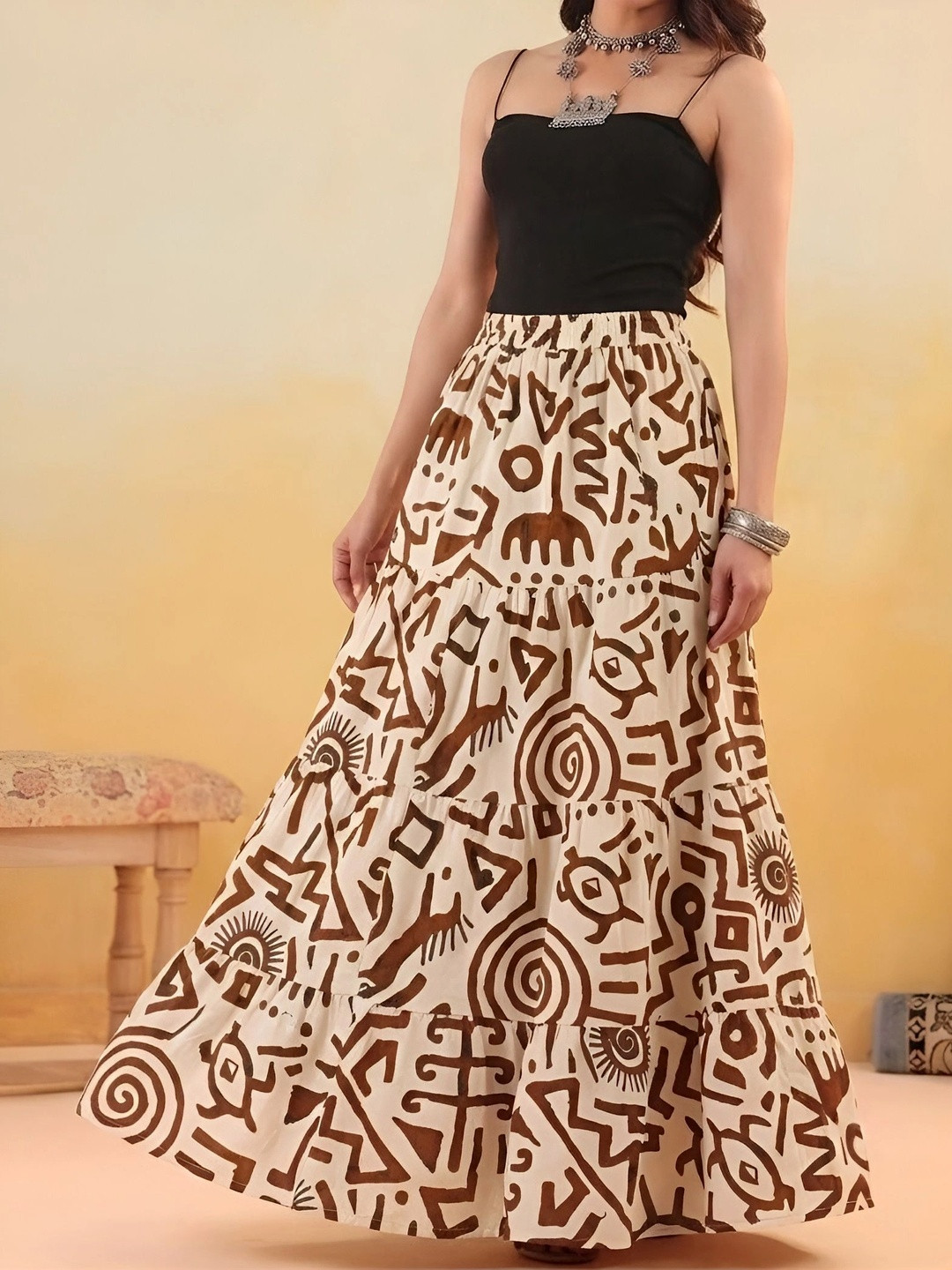 HARAYE Women Pure Cotton Cotton Cambric Abstract Tribal or Aztec Print Maxi A-Line Skirt
