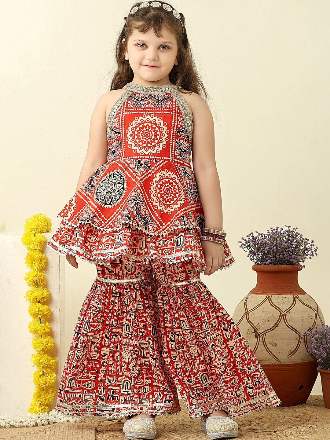Titrit Girls Ethnic Motifs Printed Tiered Mirror Work Pure Cotton Kurti with Sharara