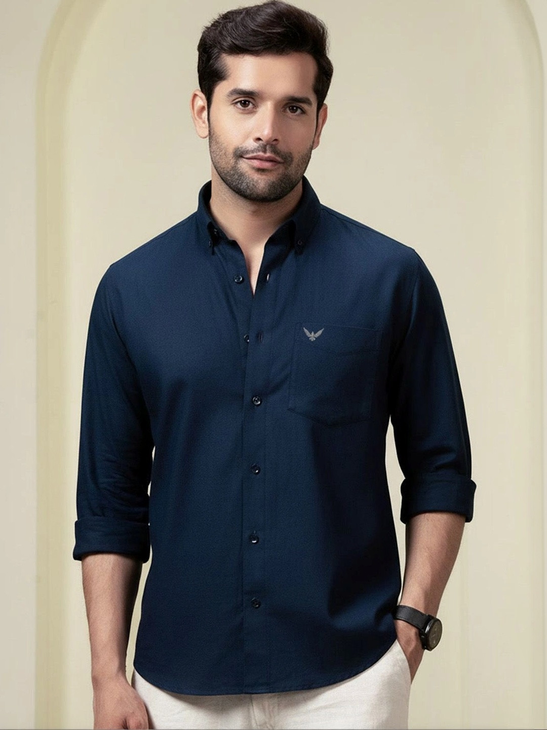 Perch Men Navy Blue Linen Cotton Button Down Solid Shirt