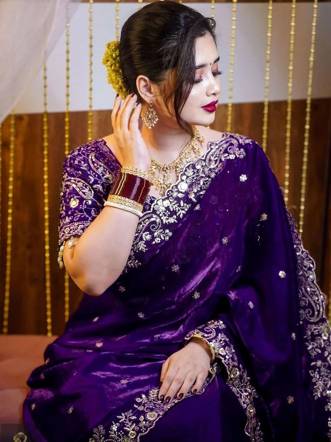 GRUHNAREE Ethnic Motifs Embroidered Satin Saree