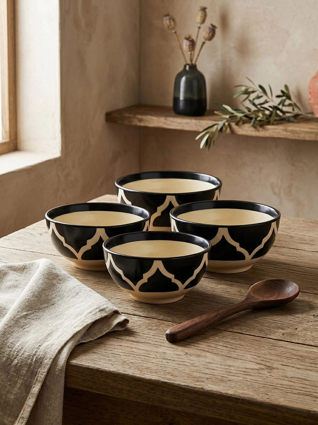 Myntra Elegant Homes Black 4 Pieces Ethnic Motifs Printed Ceramic Serving Bowl 200 ml Each