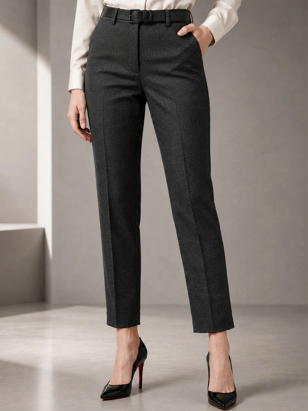 Hancock Women Checked Mid-Rise Stretchable Wrinkle Free Cigarette Trousers