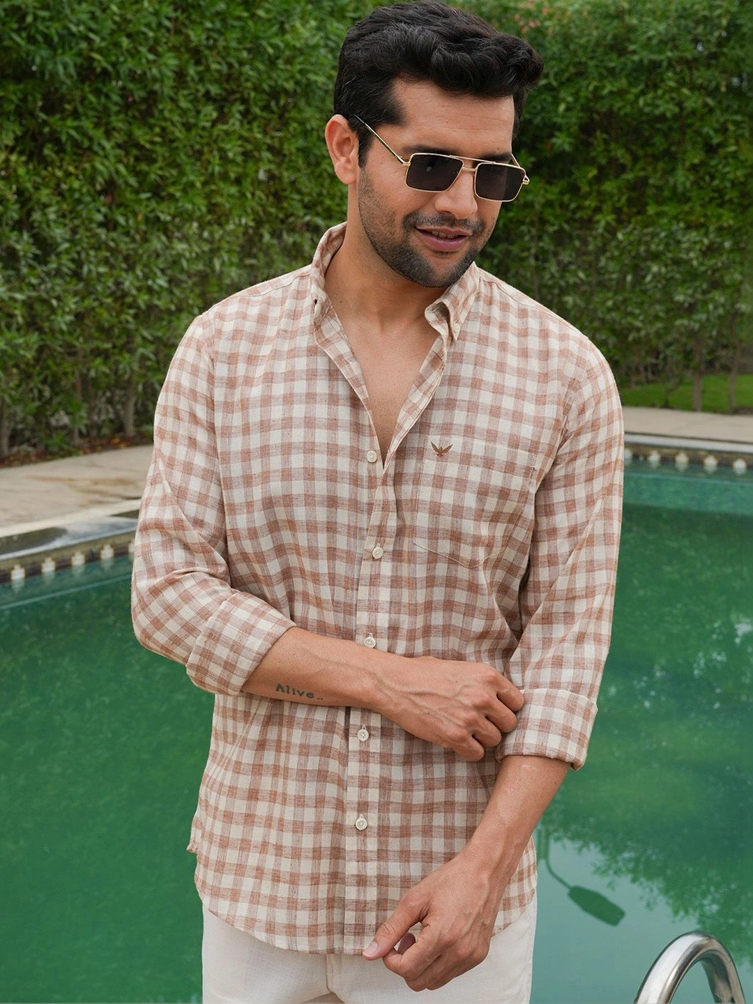 PERCH Slim Fit Gingham Checked Long Sleeves Linen Cotton Shirt
