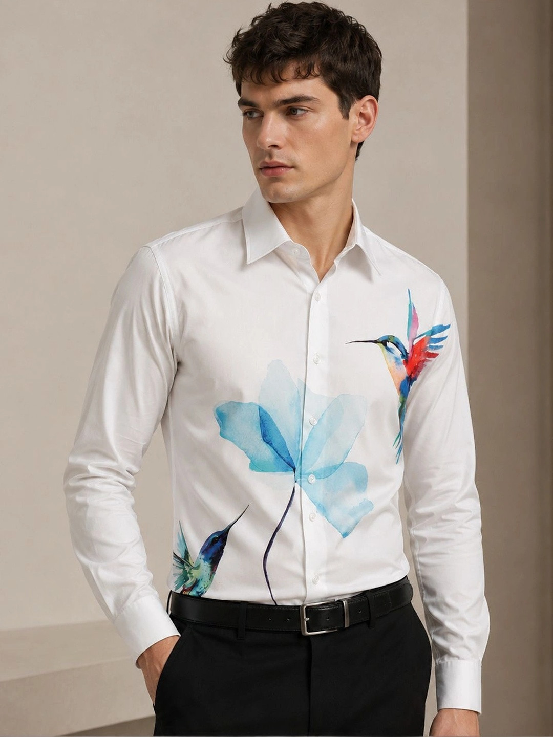Hancock Men Premium Slim Fit Floral Giza Cotton Satin Wrinkle Resistant Party Shirt