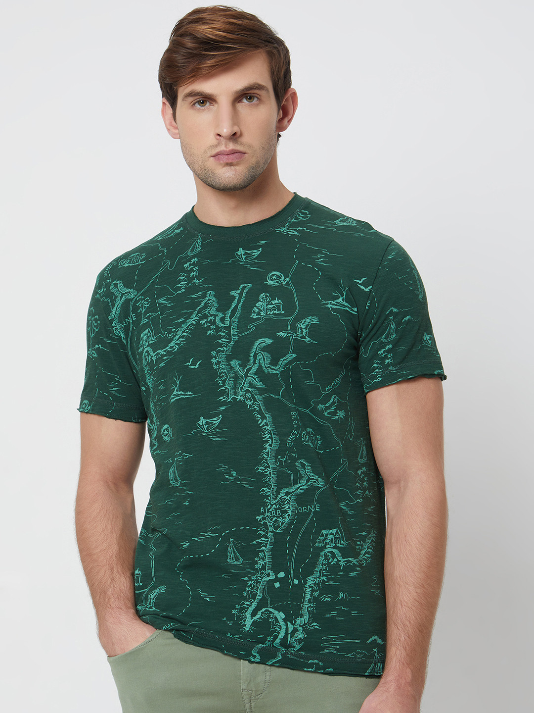 Mufti ss-24 Conversational Printed Round Neck Short Sleeves Cotton Slim Fit T-shirt