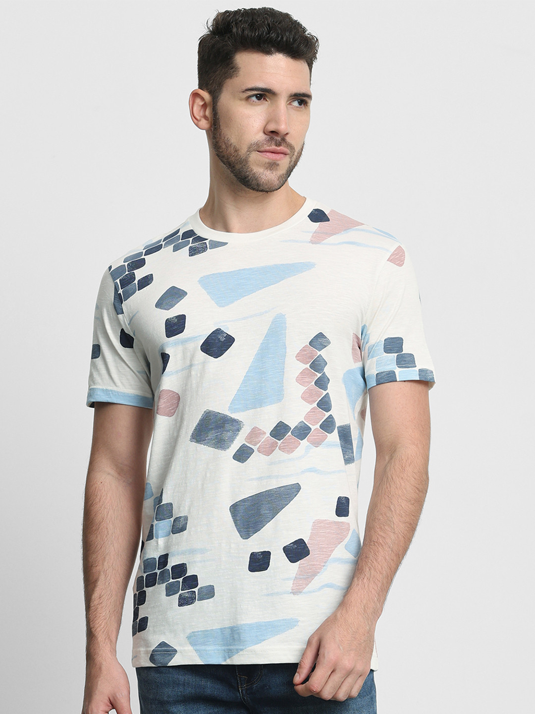 Mufti Abstract Printed Round Neck Short Sleeves Slim Fit Cotton T-shirt