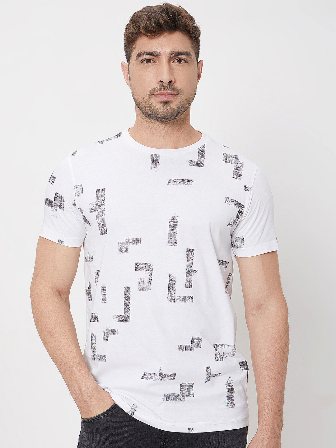 Mufti ss-24 Abstract Printed Round Neck Cotton Slim Fit T-shirt