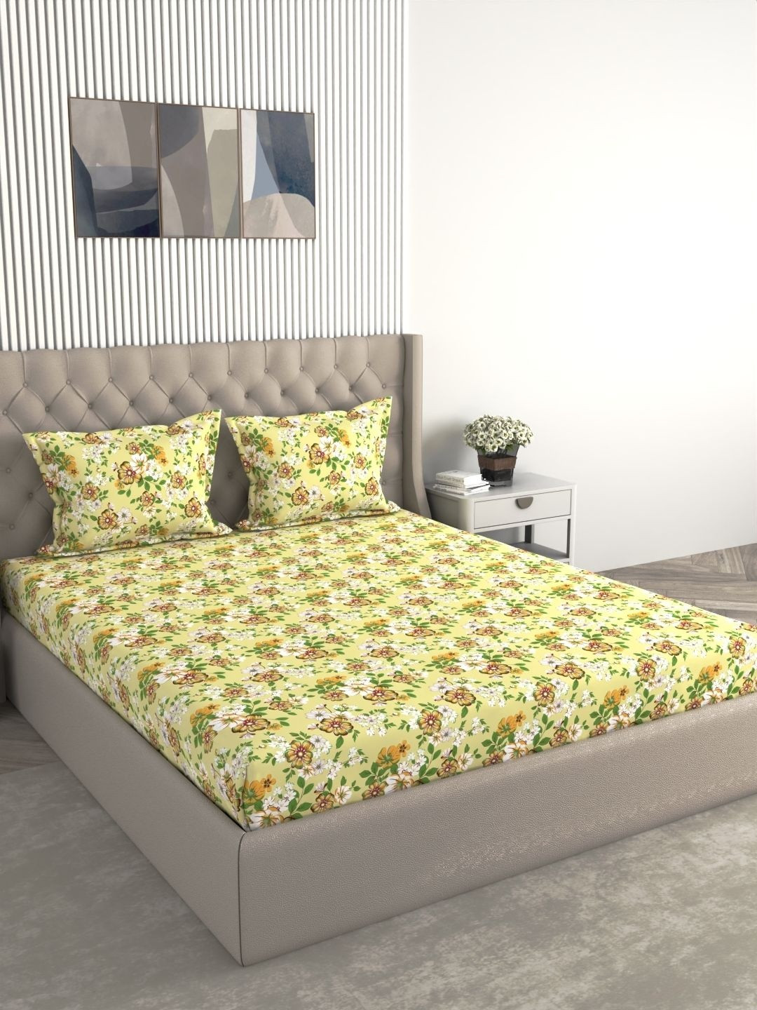 Raymond Home Yellow & Green Floral 104 TC Queen Bedsheet with 2 Pillow Covers