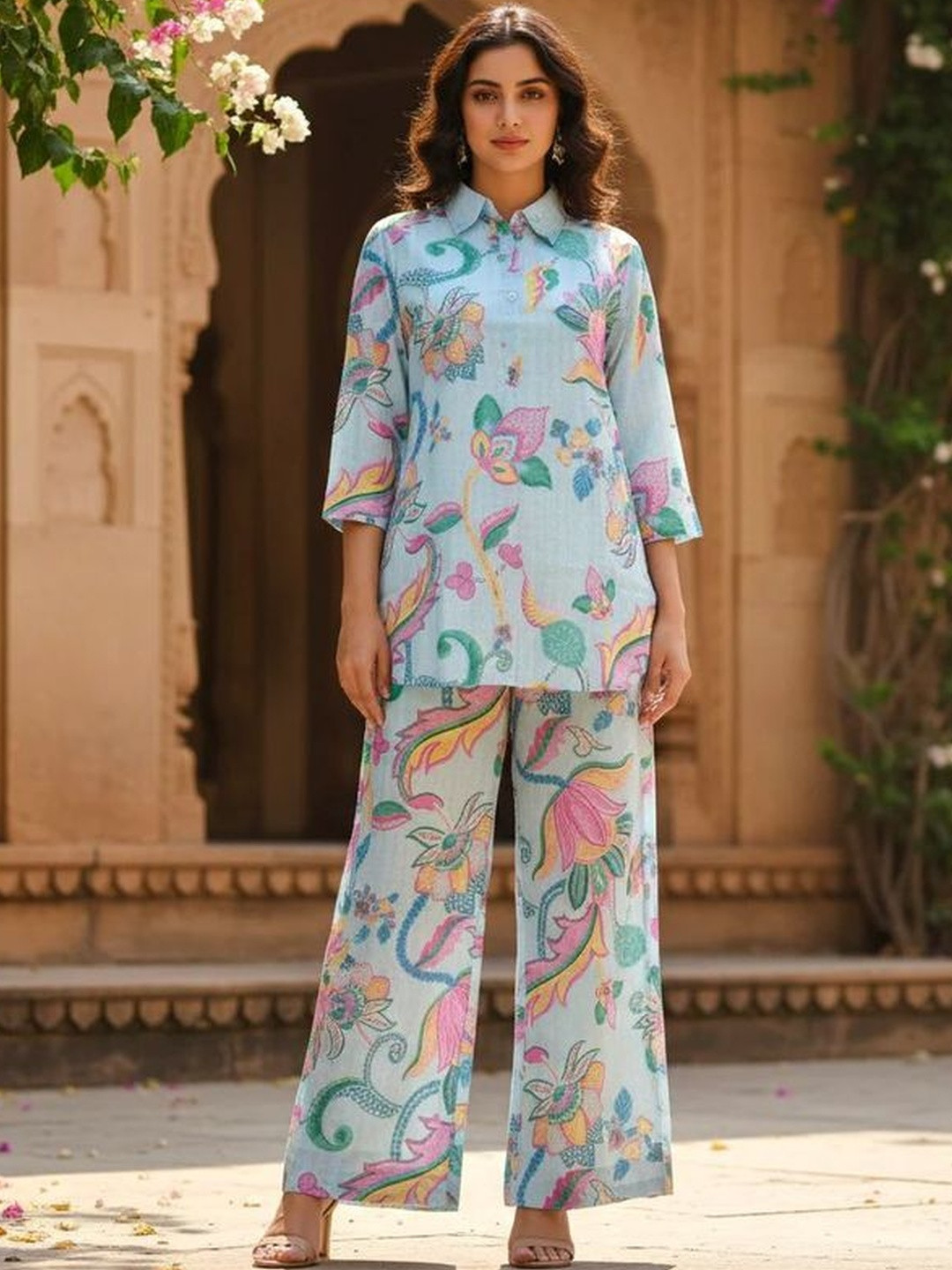 MYRIE Floral Chanderi Printed Tunic Shirt with Palazzos