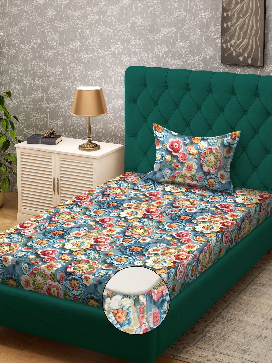 Myntra Elegant Homes Blue Fitted 300 TC Single 7D Bedsheet With 1 Pillow Cover-225X150 cm