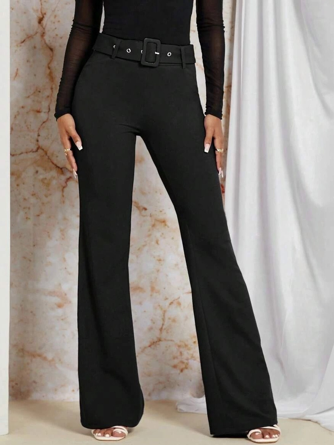 Stylecast X Slyck Solid High-Rise Wide Leg Trousers with Belt