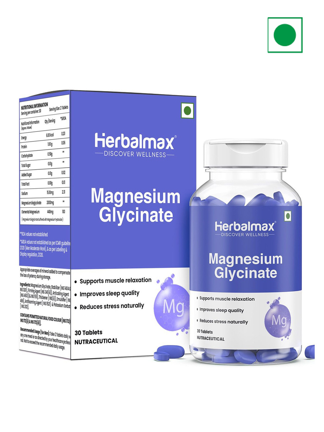 Herbal max Magnesium Glycinate Supplement - 30 Tablets