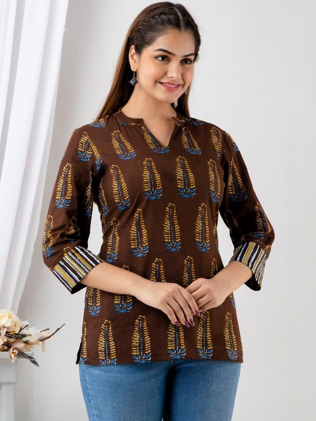 SZN Print Ethnic Cotton Blend Top