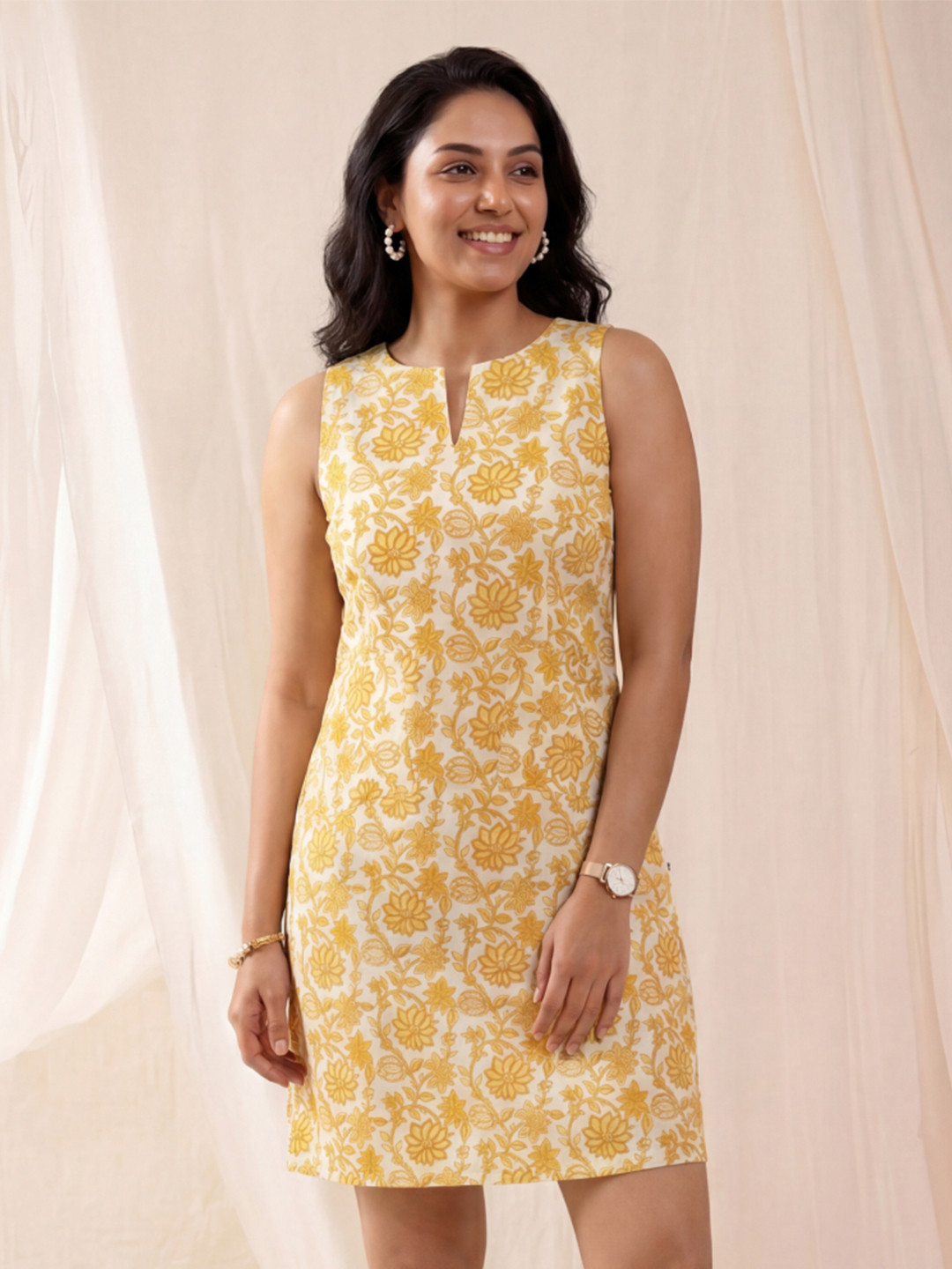 Nilam India Hand Screen Print Yellow Organic Cotton Sheath Dress