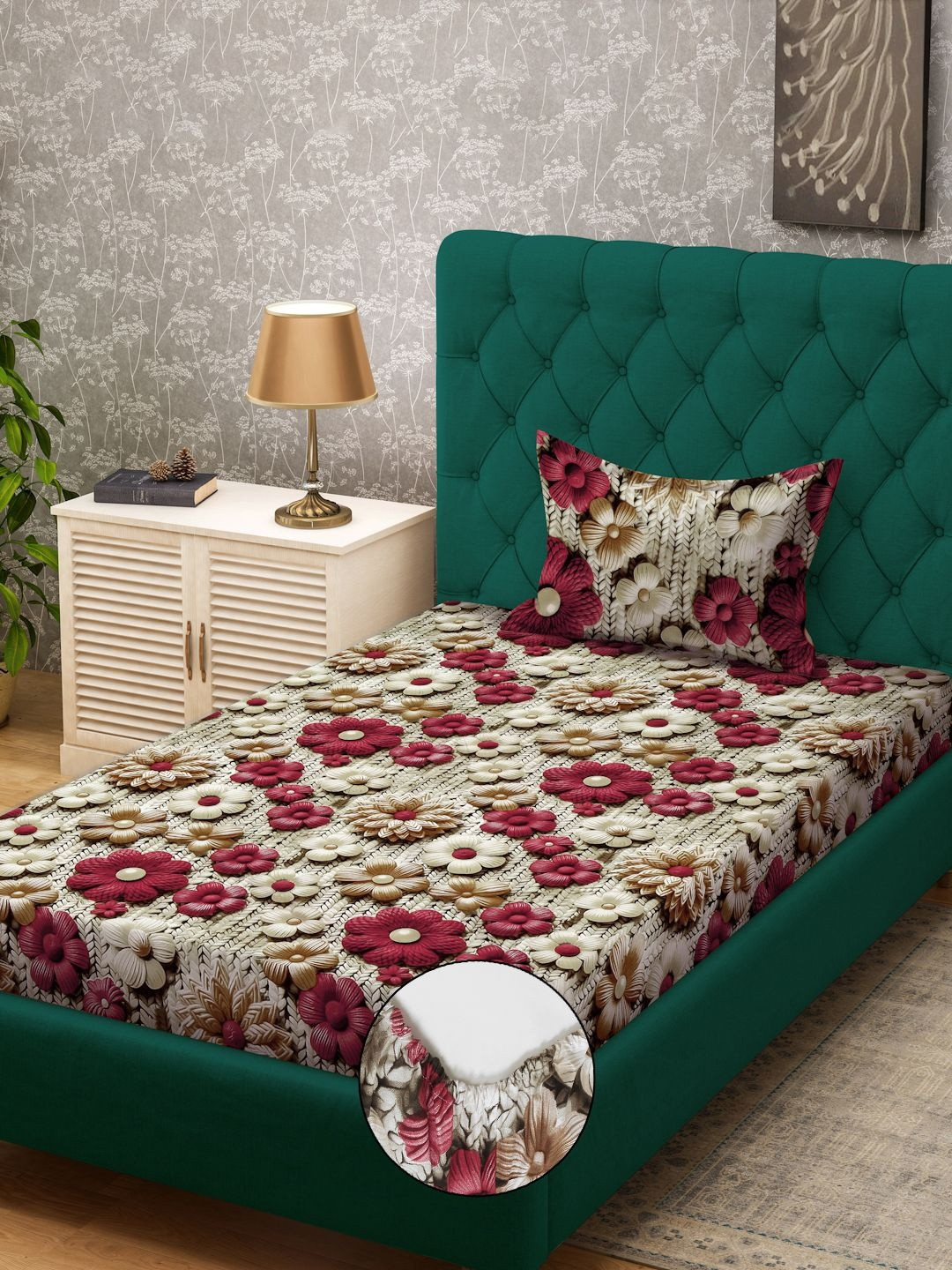 Myntra Elegant Multicoloured Floral 300 TC Single 7D Bedsheet with 1 Pillow Cover
