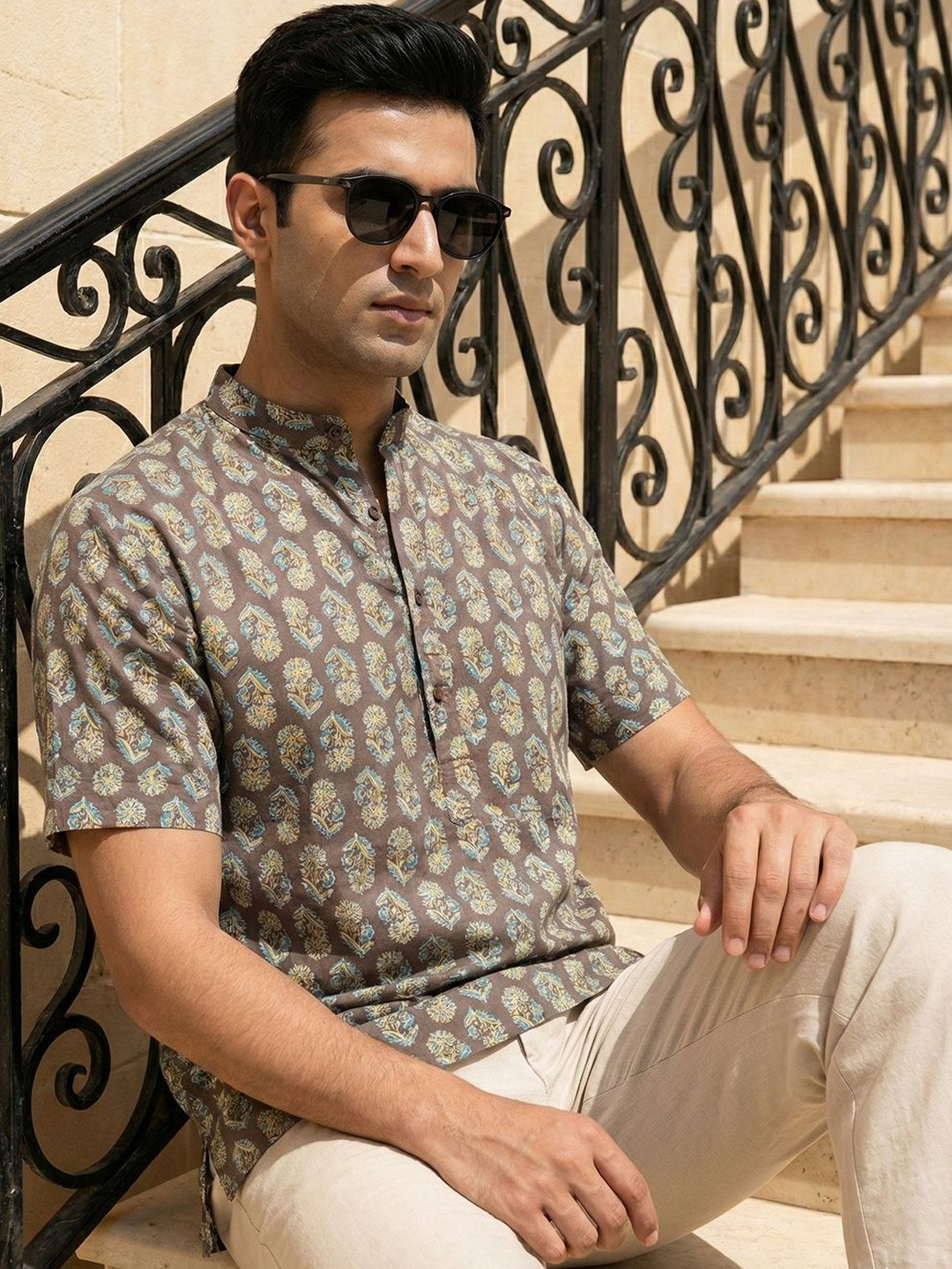 CHHAAP Block Cotton Floral Straight Above Knee Kurta
