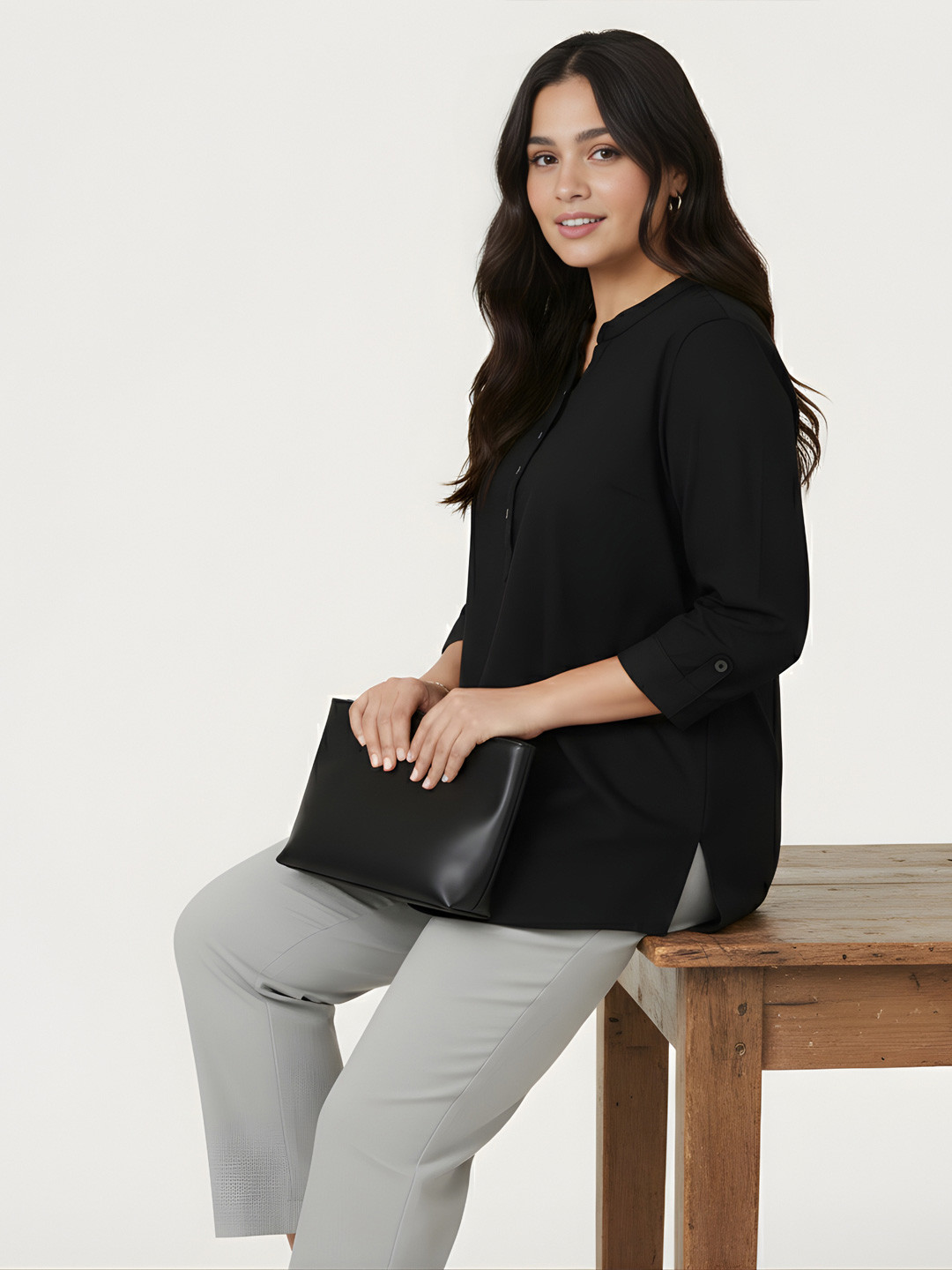 GlamZei Mandarin Collar Cotton Denim Top