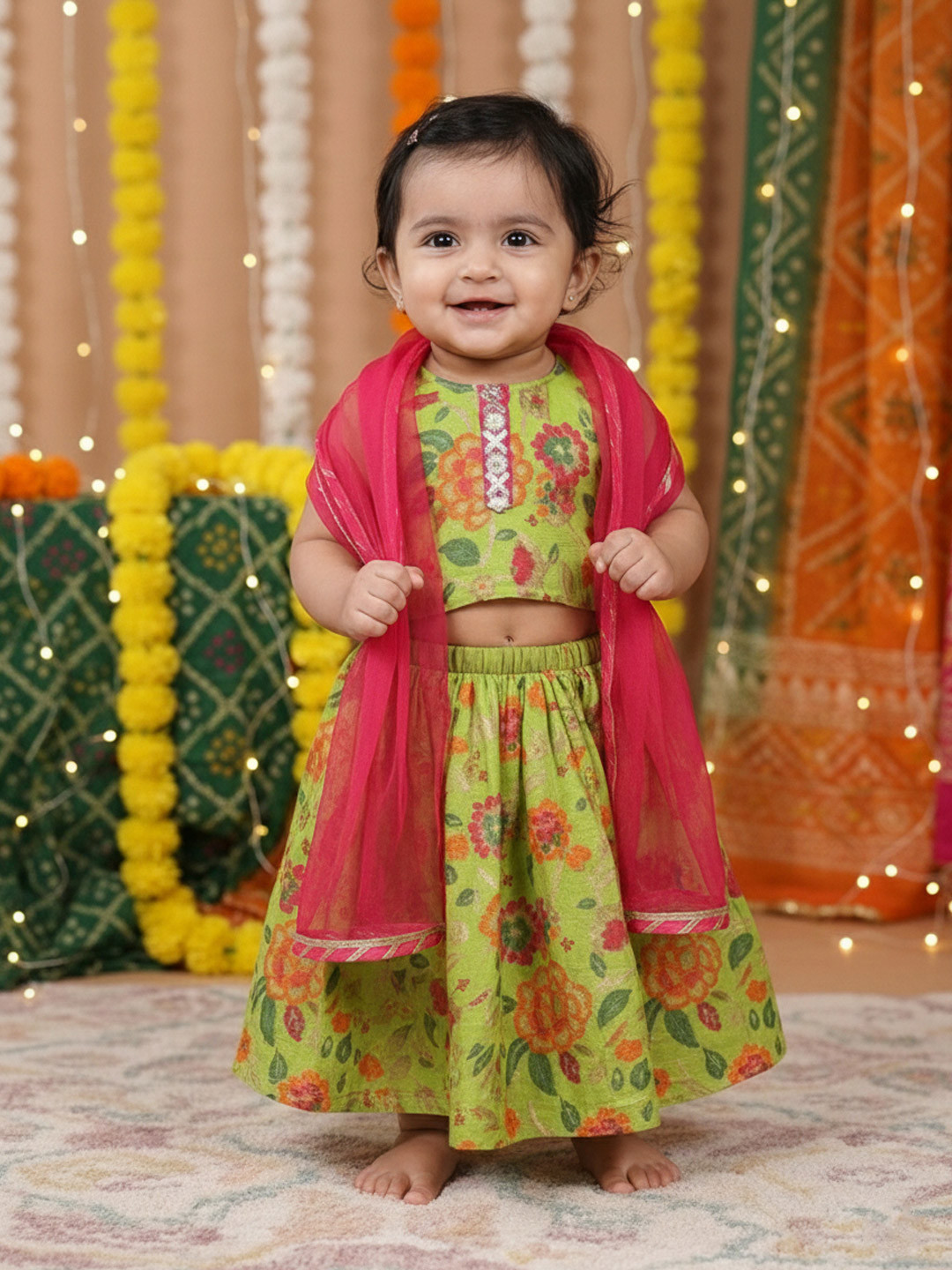 <p>Blouse Fabric : Cotton<br>Lehenga Fabric: Cotton <br>Dupatta ; Net <br> Machine wash <