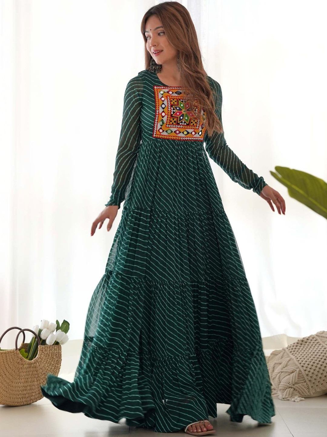 KEKIMI Striped Georgette A-Line Ethnic Dress