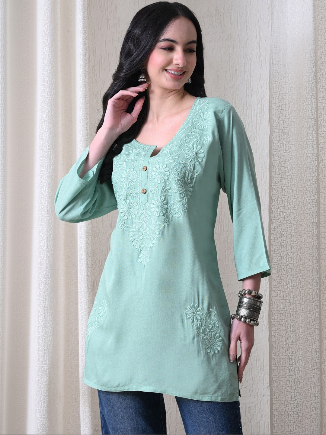 ROSHNI Women Floral Embroidered Round Neck Thread Work Cotton Regular Kurti