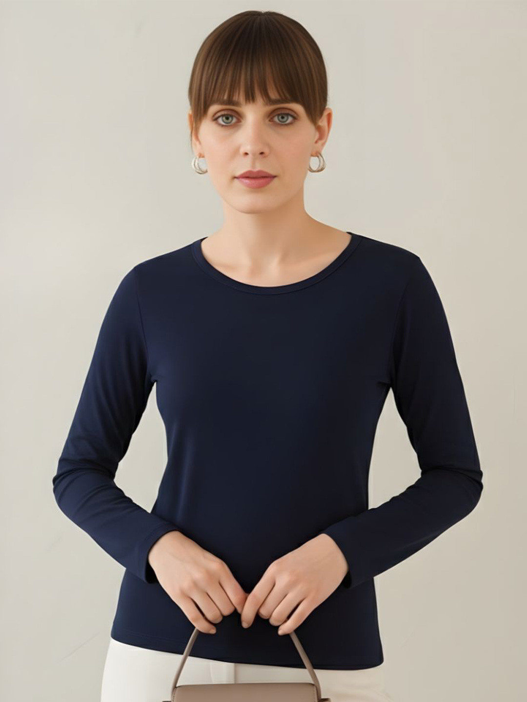 GlamZei Women Plain Solid Color Full Sleeves Round Neck Pure Cotton T-Shirt