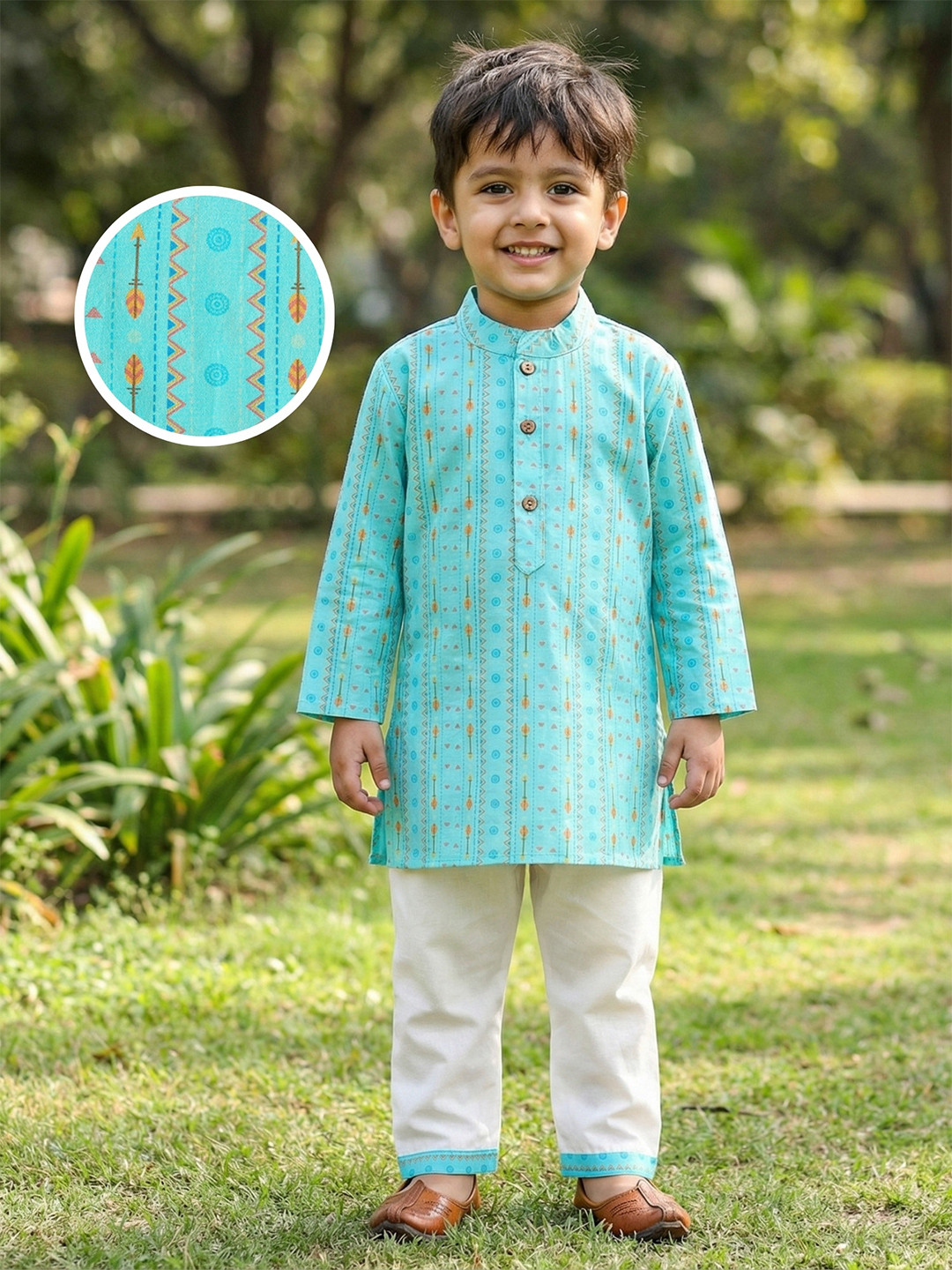 Desi Soota Boys Blue Tribal Arrow String Printed Pure Cotton Kurta with Pyjamas