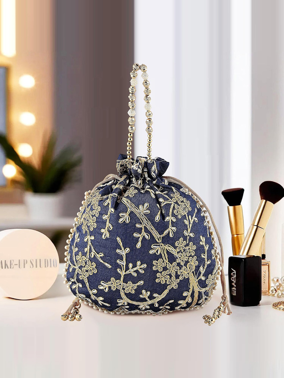 Kuber Industries Embroidery Drawstring Hand Purse With Gold Pearl Border Potli Clutch