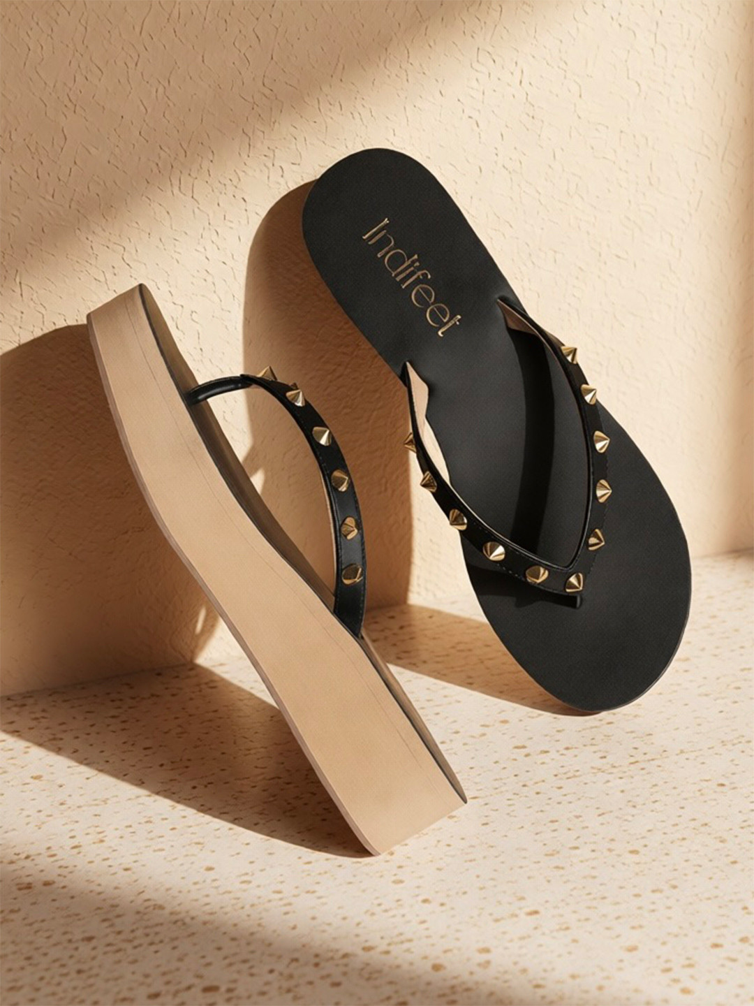 Indifeet Women Embellished Open Toe Black Thong Platform Chappals