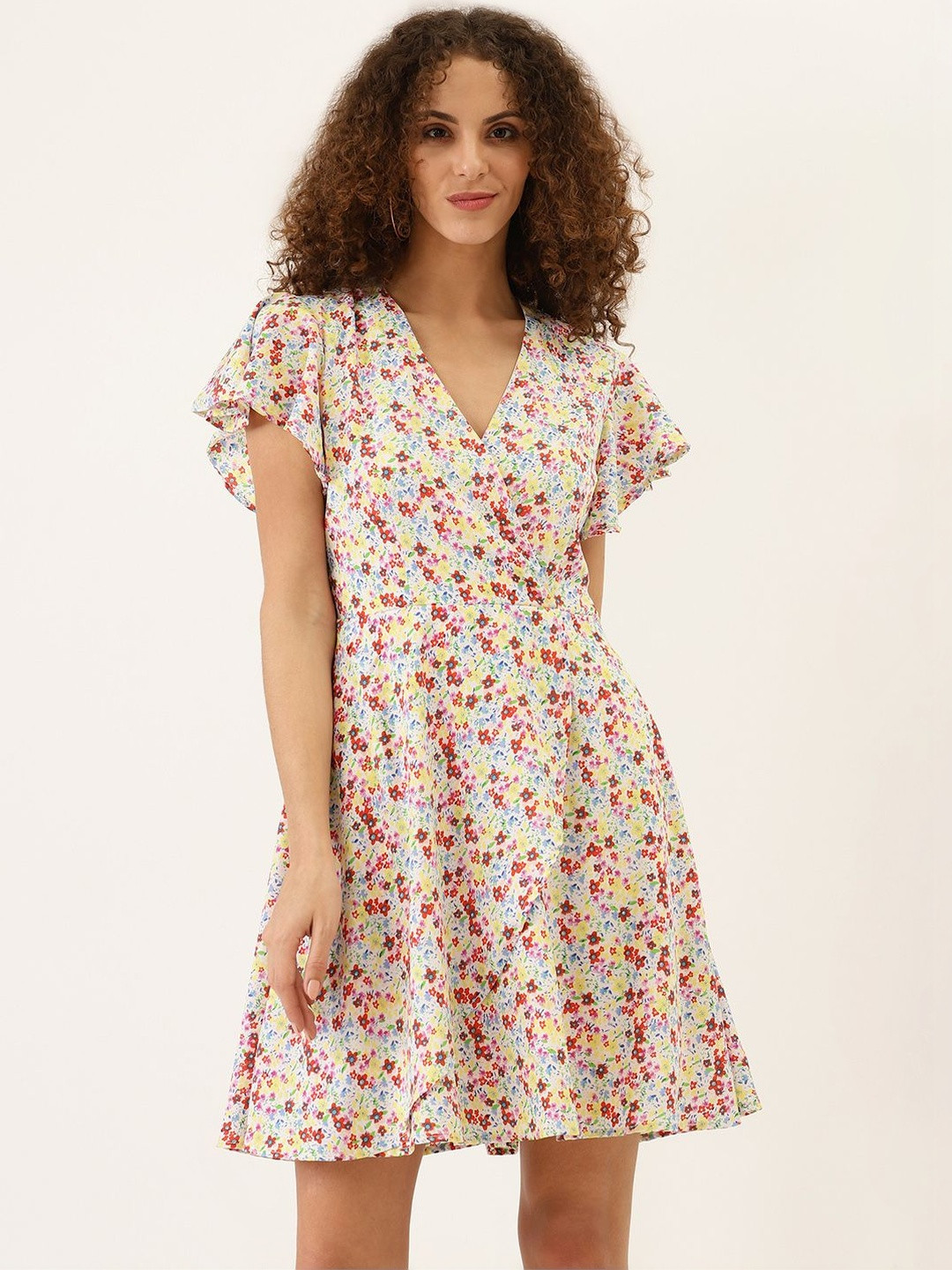 DODO & MOA Floral Print Flutter Sleeve Georgette Dress