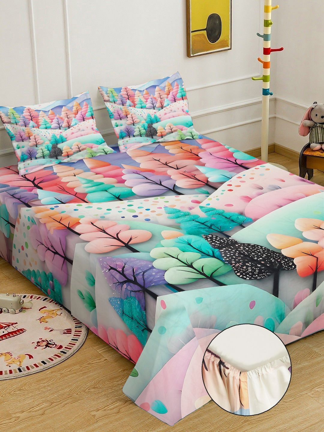 Myntra Elegant Homes Floral Printed Fitted 400 TC King 7D Bedsheet With 2 Pillow Cover