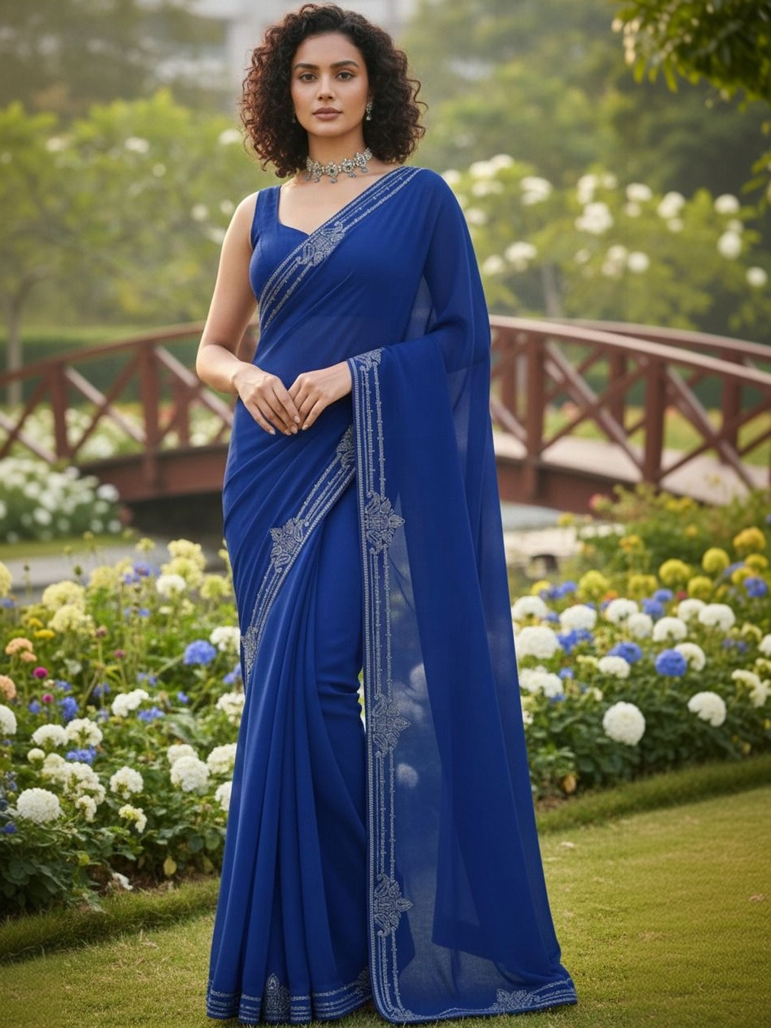 HERE&NOW Embellished Embroidered Pure Georgette Heavy Work Saree
