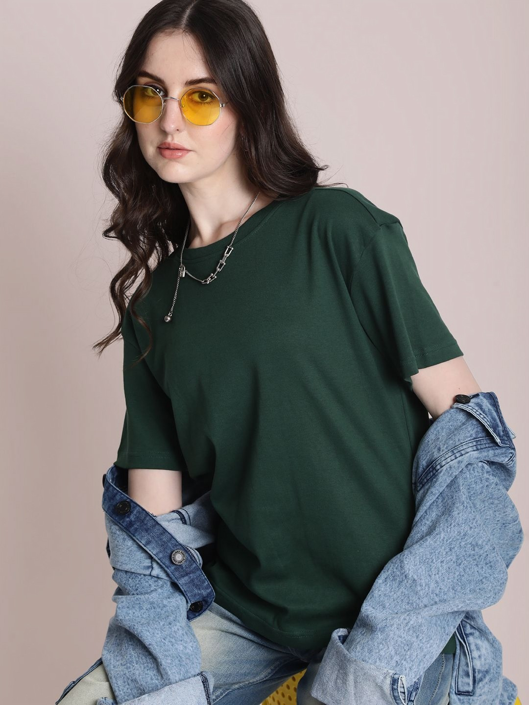 Bene Kleed Women Oversize Dark Green Solid Cotton Round Neck Oversized Fit T-shirt
