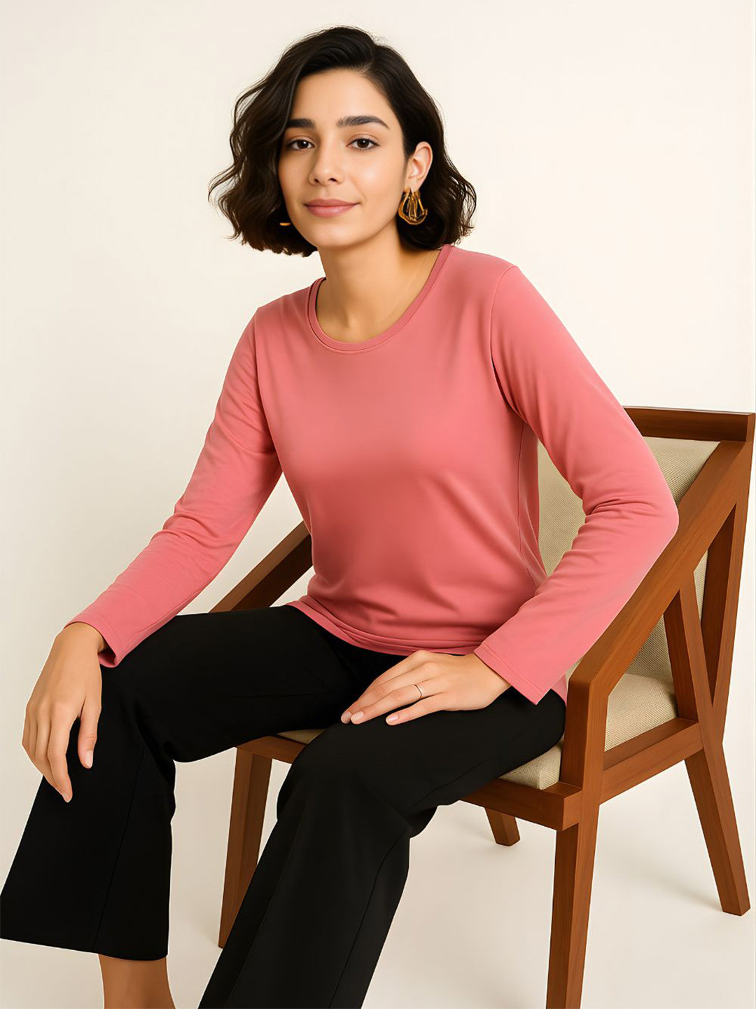 GlamZei Women Plain Solid Color Full Sleeves Round Neck Pure Cotton T-Shirt
