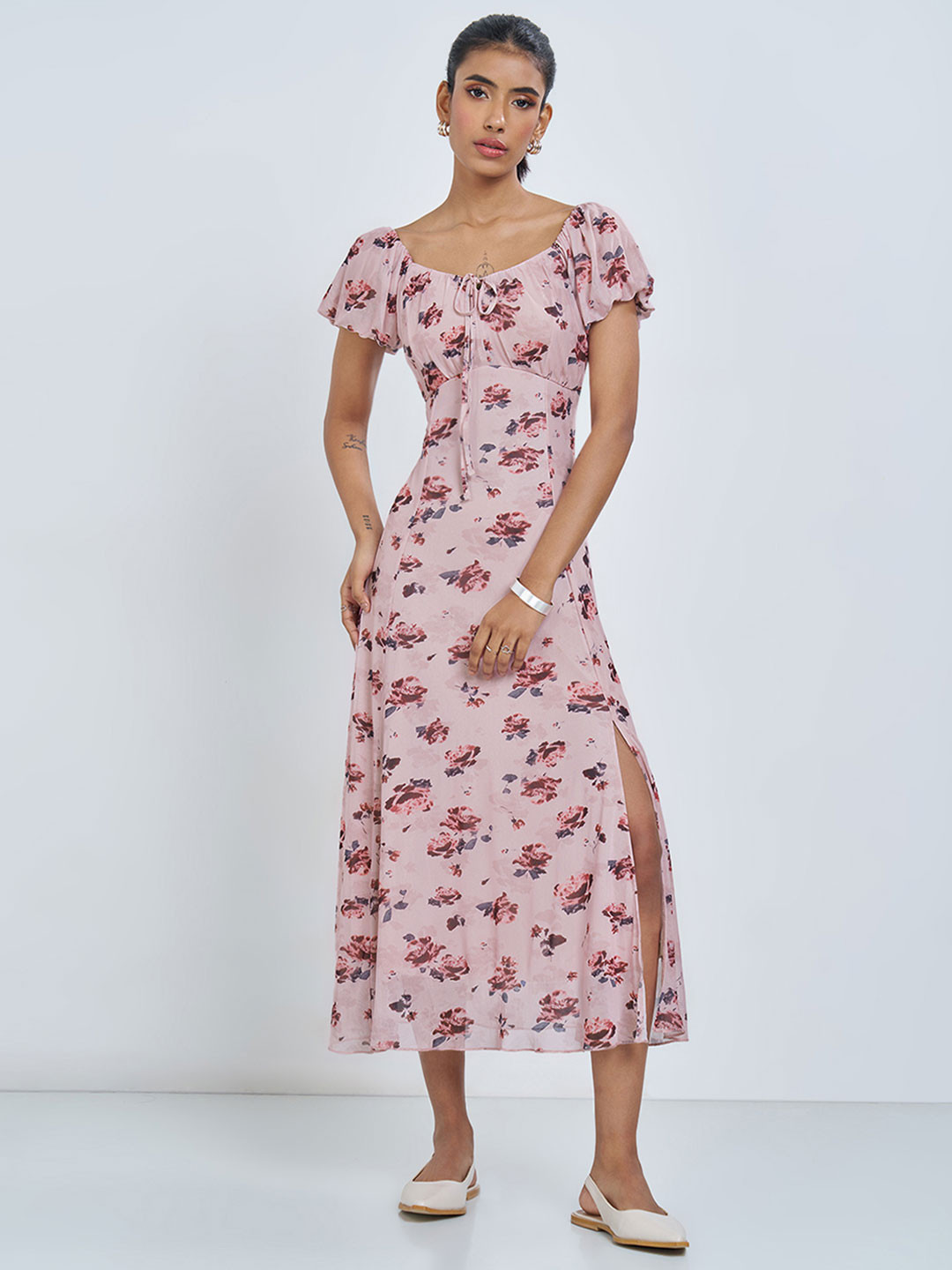 Honey by Pantaloons Floral Print Puff Sleeve A-Line Midi Dress